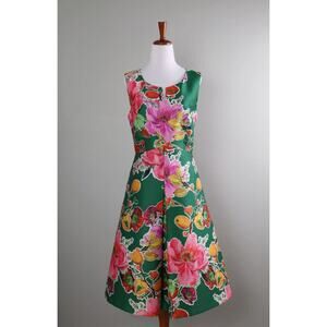 Talbots Vibrant Green Fruit Floral Print A Line Pleated Midi Dress 4 Petite